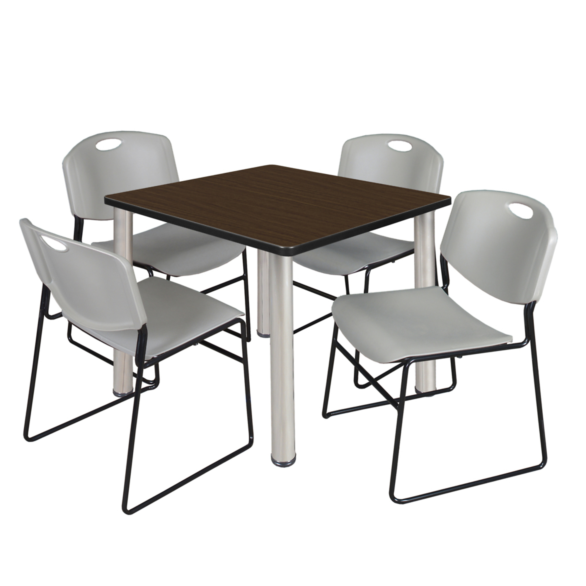 Regency Kee Square Breakroom Table with Zeng Stack Chairs — 36in., Neo Walnut/Chrome, 4 Chairs, Model# TB3636NWBPCM44GY